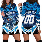 Personalised Geelong Cat Football Hoodie Dress Electric Blue Mascot Charging Cityscape
