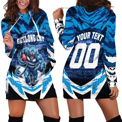 Personalised Geelong Cat Football Hoodie Dress Electric Blue Mascot Charging Cityscape