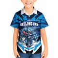 Personalised Geelong Cat Football Kid Hawaiian Shirt Electric Blue Mascot Charging Cityscape