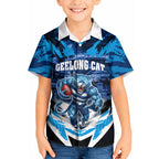 Personalised Geelong Cat Football Kid Hawaiian Shirt Electric Blue Mascot Charging Cityscape