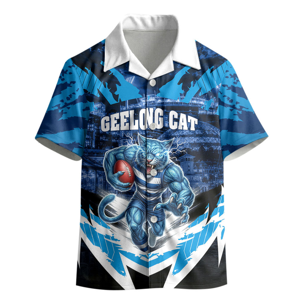 Personalised Geelong Cat Football Kid Hawaiian Shirt Electric Blue Mascot Charging Cityscape
