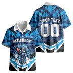 Personalised Geelong Cat Football Kid Hawaiian Shirt Electric Blue Mascot Charging Cityscape