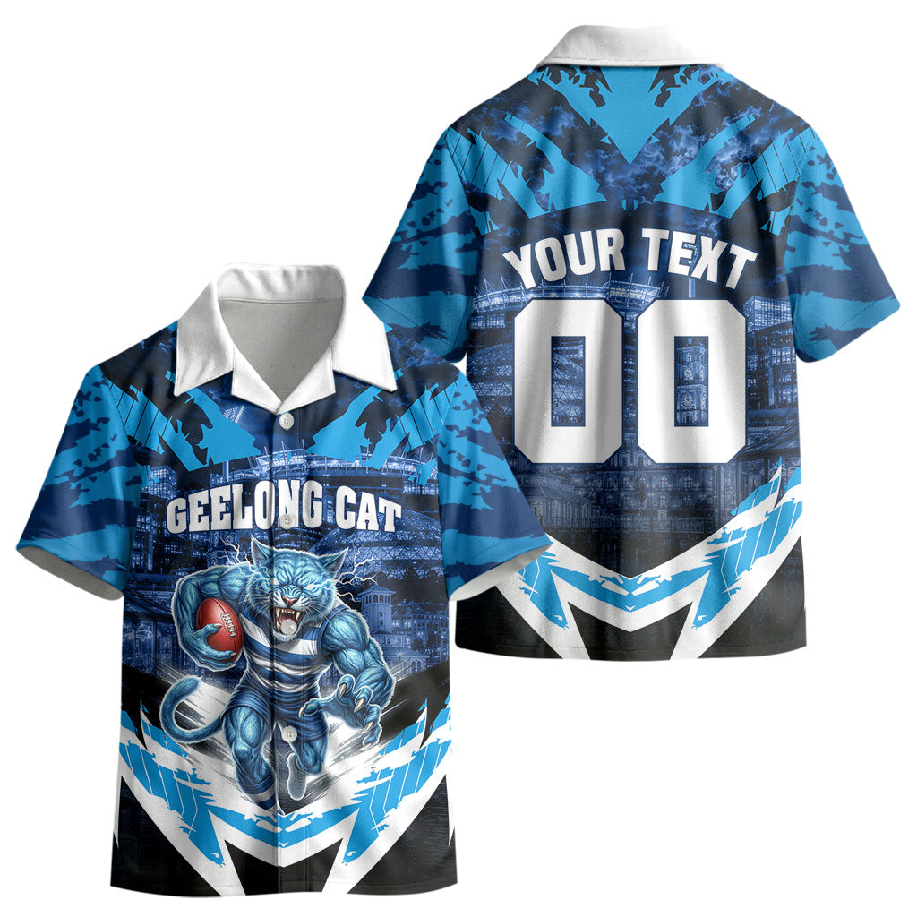 Personalised Geelong Cat Football Kid Hawaiian Shirt Electric Blue Mascot Charging Cityscape
