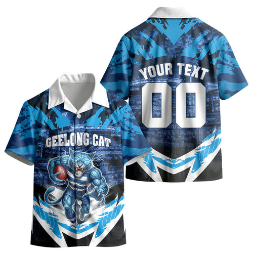 Personalised Geelong Cat Football Kid Hawaiian Shirt Electric Blue Mascot Charging Cityscape