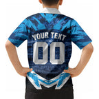 Personalised Geelong Cat Football Kid Hawaiian Shirt Electric Blue Mascot Charging Cityscape