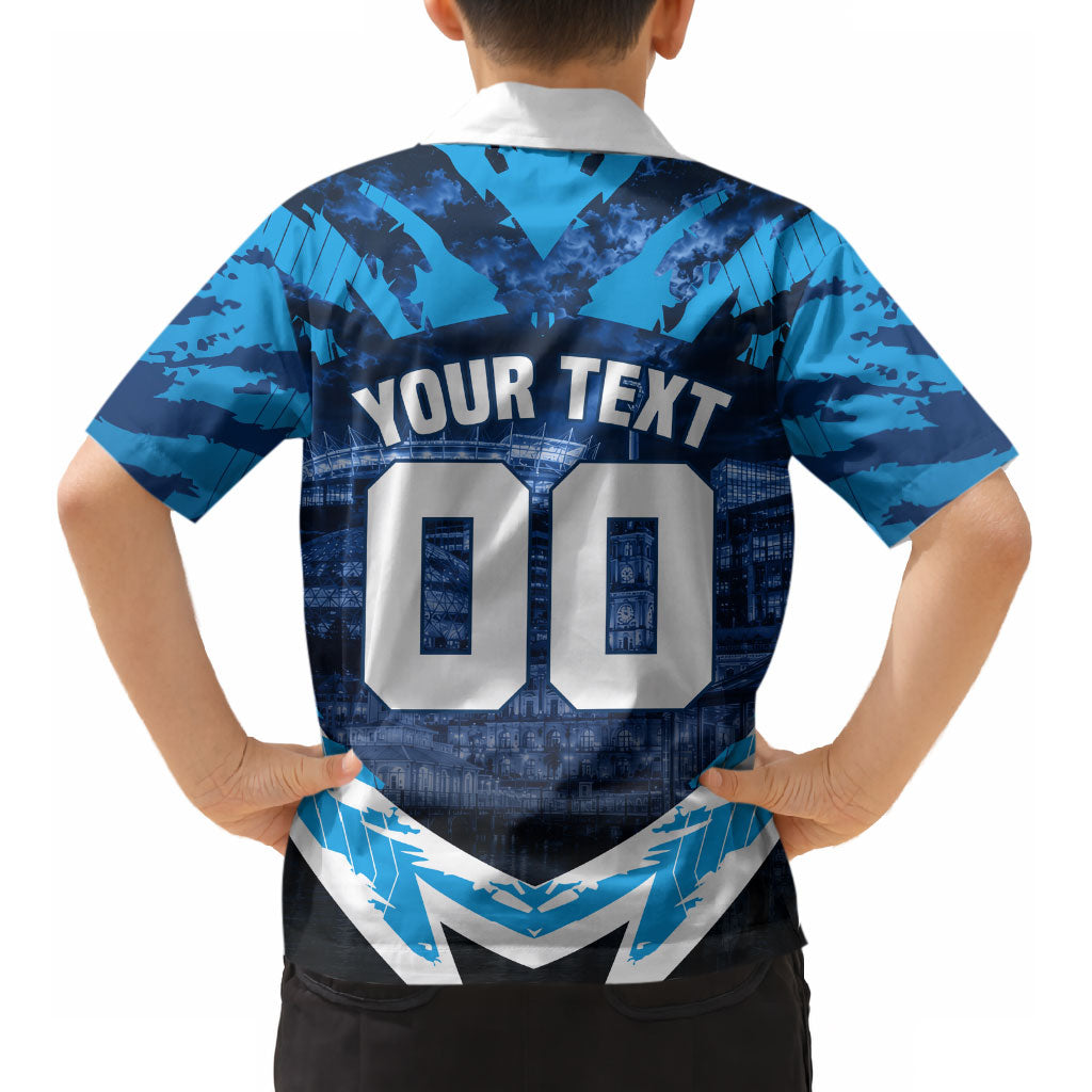 Personalised Geelong Cat Football Kid Hawaiian Shirt Electric Blue Mascot Charging Cityscape
