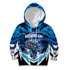 Personalised Geelong Cat Football Kid Hoodie Electric Blue Mascot Charging Cityscape