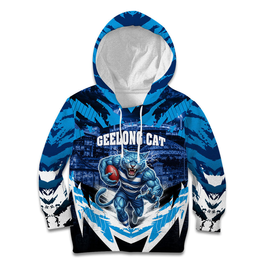 Personalised Geelong Cat Football Kid Hoodie Electric Blue Mascot Charging Cityscape