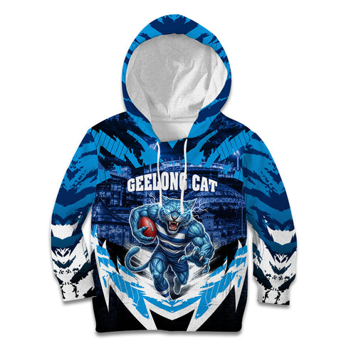 Personalised Geelong Cat Football Kid Hoodie Electric Blue Mascot Charging Cityscape