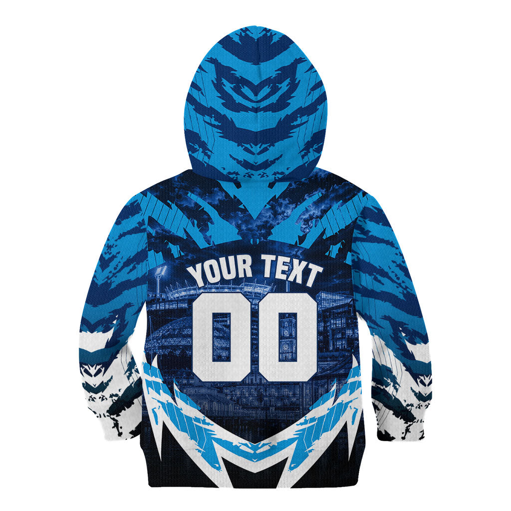 Personalised Geelong Cat Football Kid Hoodie Electric Blue Mascot Charging Cityscape