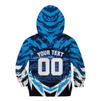 Personalised Geelong Cat Football Kid Hoodie Electric Blue Mascot Charging Cityscape