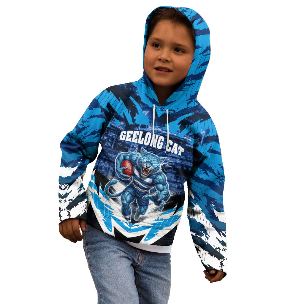 Personalised Geelong Cat Football Kid Hoodie Electric Blue Mascot Charging Cityscape
