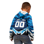 Personalised Geelong Cat Football Kid Hoodie Electric Blue Mascot Charging Cityscape