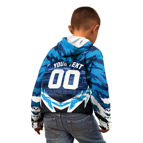 Personalised Geelong Cat Football Kid Hoodie Electric Blue Mascot Charging Cityscape