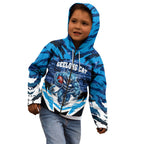 Personalised Geelong Cat Football Kid Hoodie Electric Blue Mascot Charging Cityscape