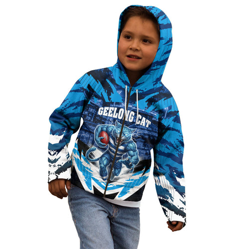 Personalised Geelong Cat Football Kid Hoodie Electric Blue Mascot Charging Cityscape