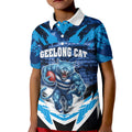 Personalised Geelong Cat Football Kid Polo Shirt Electric Blue Mascot Charging Cityscape