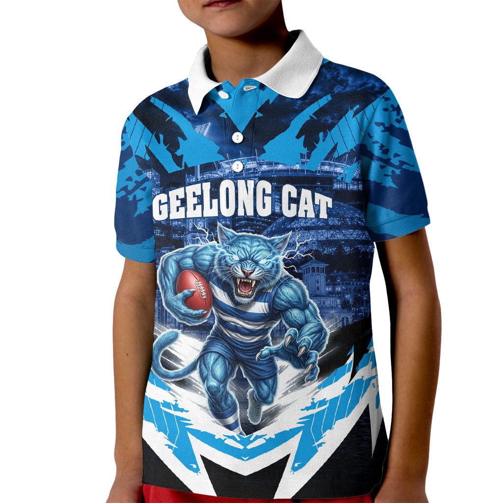 Personalised Geelong Cat Football Kid Polo Shirt Electric Blue Mascot Charging Cityscape