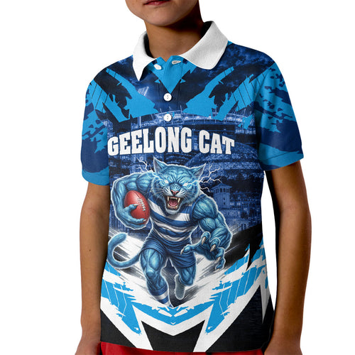 Personalised Geelong Cat Football Kid Polo Shirt Electric Blue Mascot Charging Cityscape