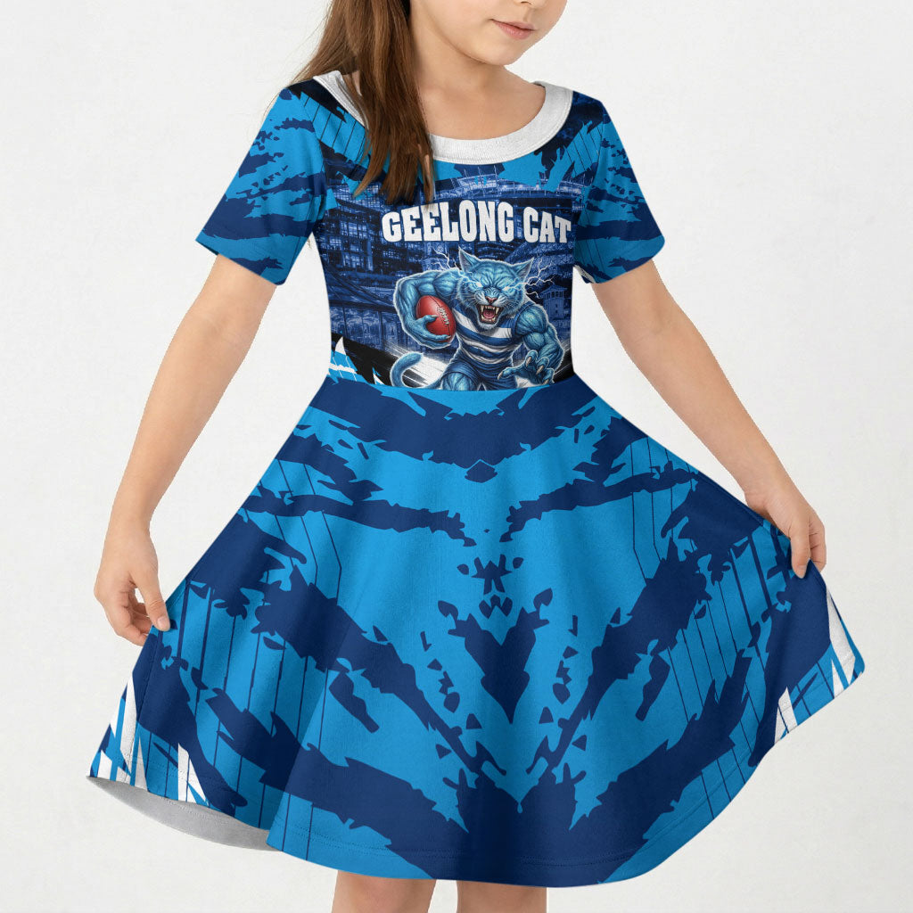 Personalised Geelong Cat Football Kid Short Sleeve Dress Electric Blue Mascot Charging Cityscape