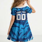 Personalised Geelong Cat Football Kid Short Sleeve Dress Electric Blue Mascot Charging Cityscape