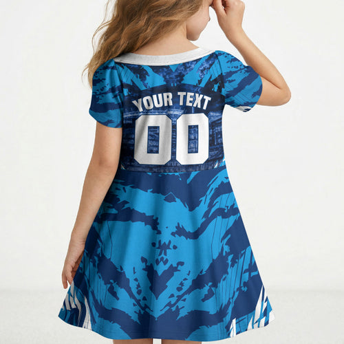 Personalised Geelong Cat Football Kid Short Sleeve Dress Electric Blue Mascot Charging Cityscape