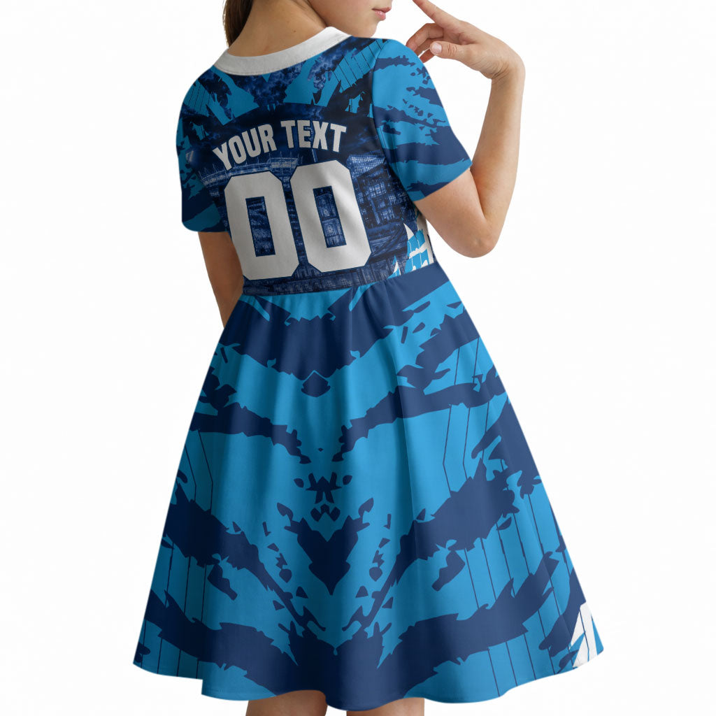 Personalised Geelong Cat Football Kid Short Sleeve Dress Electric Blue Mascot Charging Cityscape