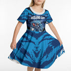 Personalised Geelong Cat Football Kid Short Sleeve Dress Electric Blue Mascot Charging Cityscape