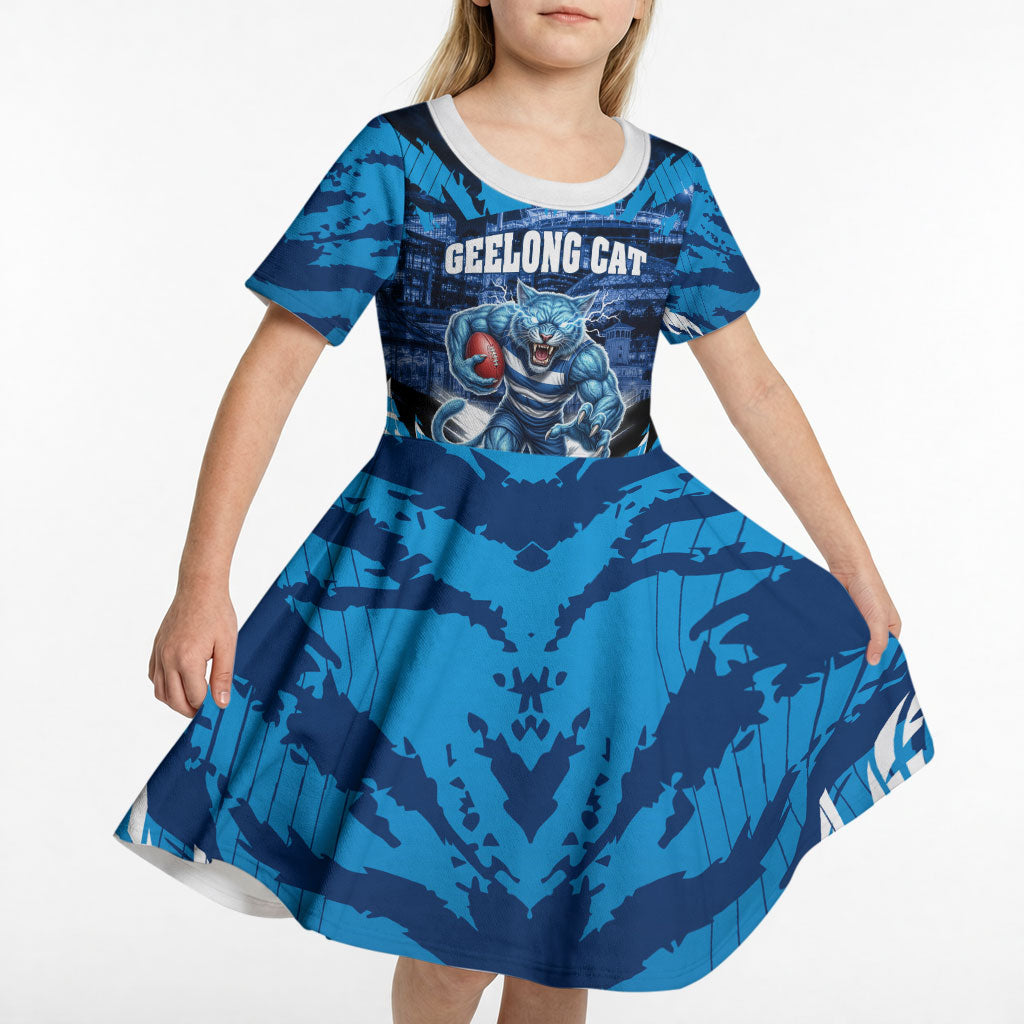 Personalised Geelong Cat Football Kid Short Sleeve Dress Electric Blue Mascot Charging Cityscape
