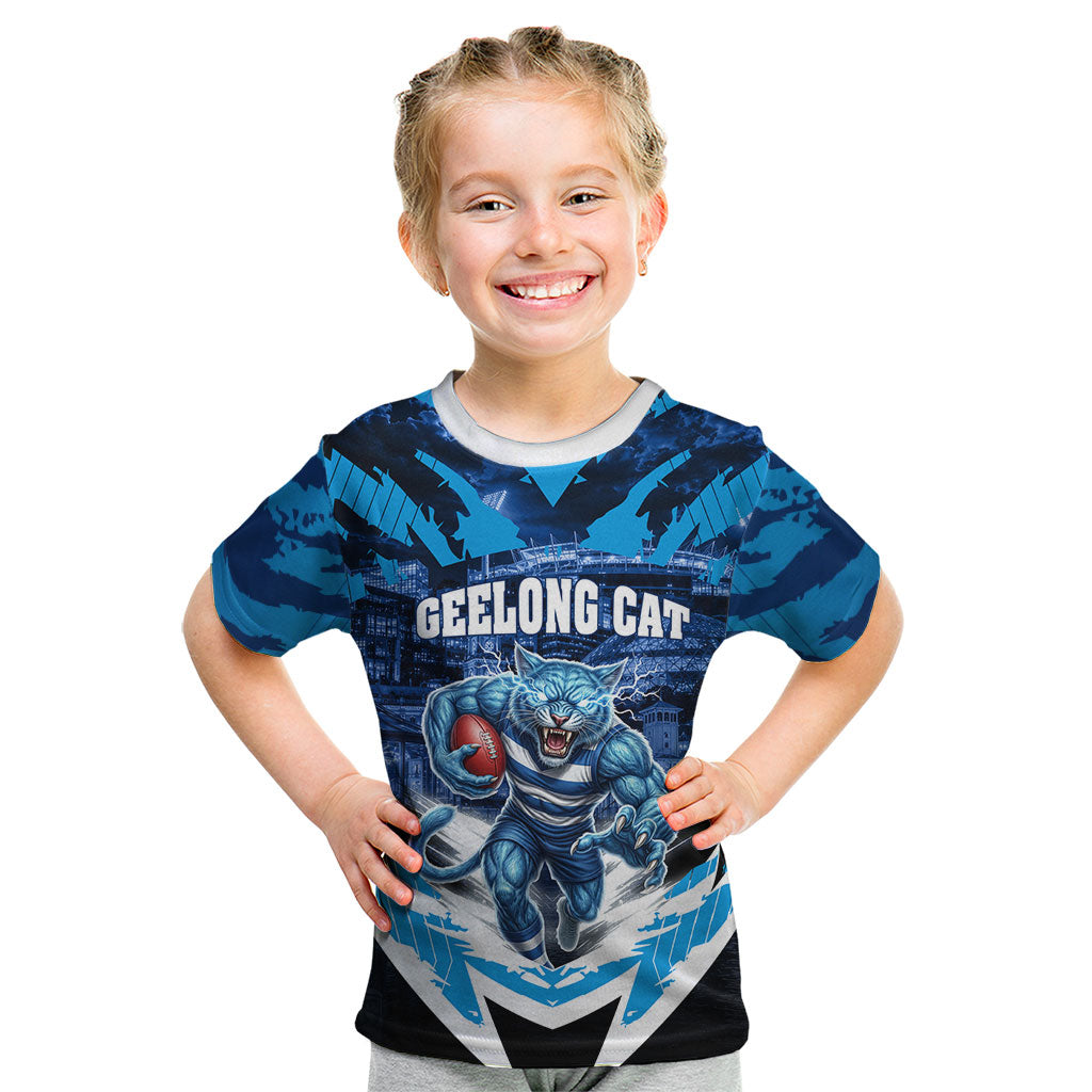 Personalised Geelong Cat Football Kid T Shirt Electric Blue Mascot Charging Cityscape