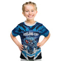 Personalised Geelong Cat Football Kid T Shirt Electric Blue Mascot Charging Cityscape