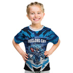 Personalised Geelong Cat Football Kid T Shirt Electric Blue Mascot Charging Cityscape
