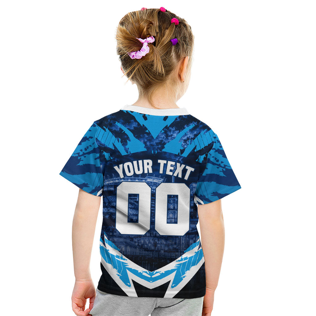 Personalised Geelong Cat Football Kid T Shirt Electric Blue Mascot Charging Cityscape