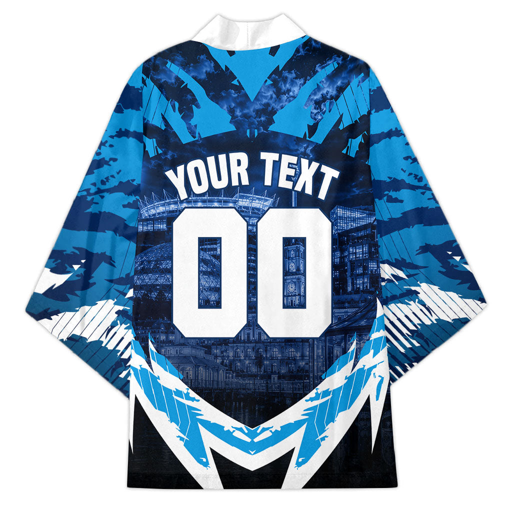 Personalised Geelong Cat Football Kimono Electric Blue Mascot Charging Cityscape