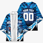 Personalised Geelong Cat Football Kimono Electric Blue Mascot Charging Cityscape