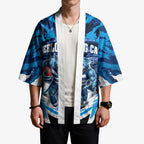 Personalised Geelong Cat Football Kimono Electric Blue Mascot Charging Cityscape