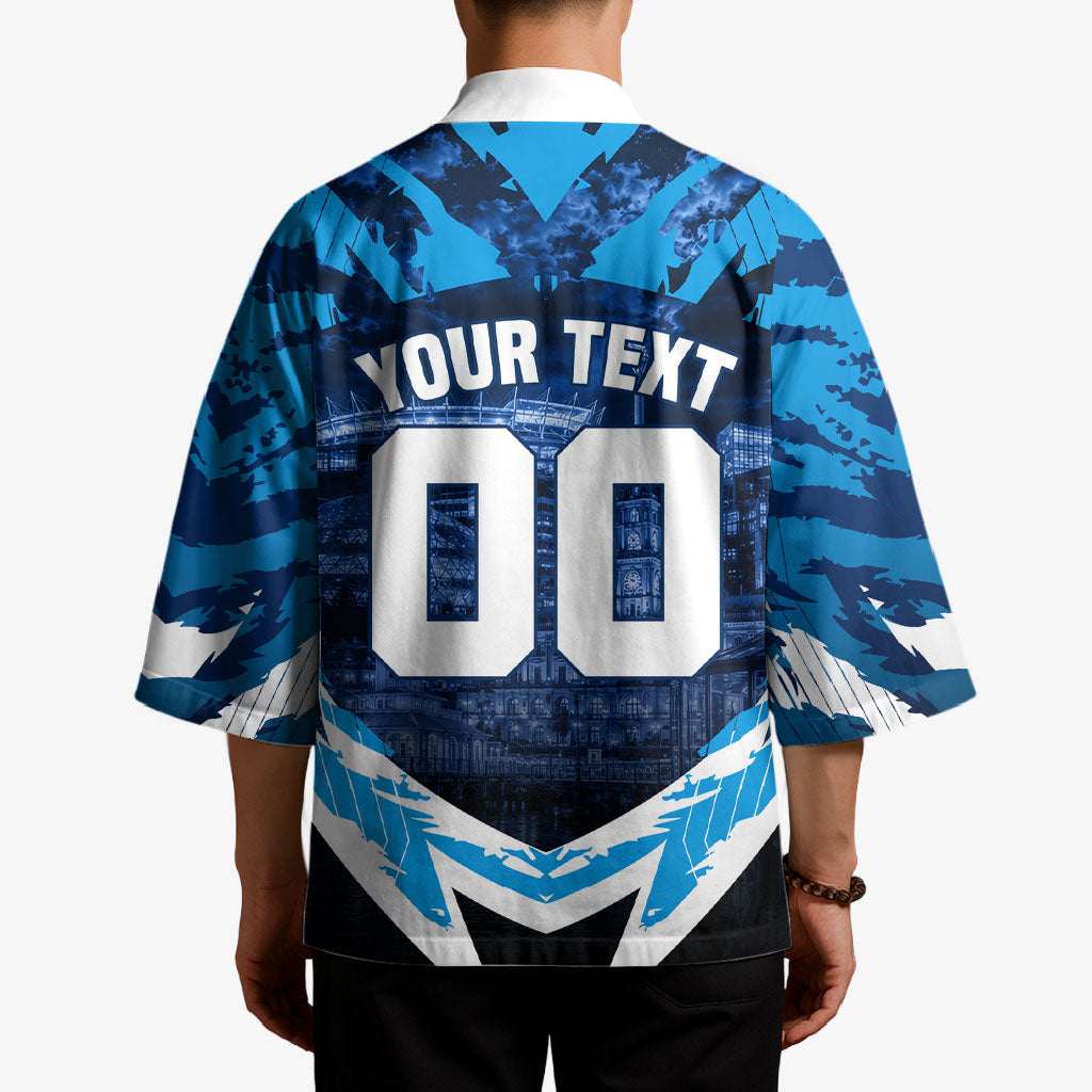 Personalised Geelong Cat Football Kimono Electric Blue Mascot Charging Cityscape