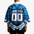 Personalised Geelong Cat Football Kimono Electric Blue Mascot Charging Cityscape