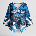 Personalised Geelong Cat Football Kimono Sleeve Blouse Electric Blue Mascot Charging Cityscape