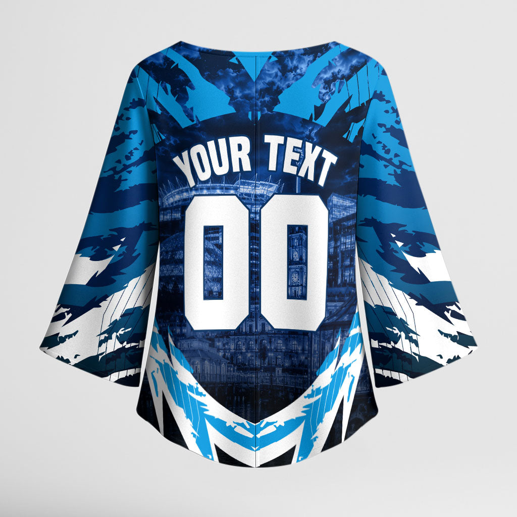 Personalised Geelong Cat Football Kimono Sleeve Blouse Electric Blue Mascot Charging Cityscape