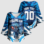 Personalised Geelong Cat Football Kimono Sleeve Blouse Electric Blue Mascot Charging Cityscape