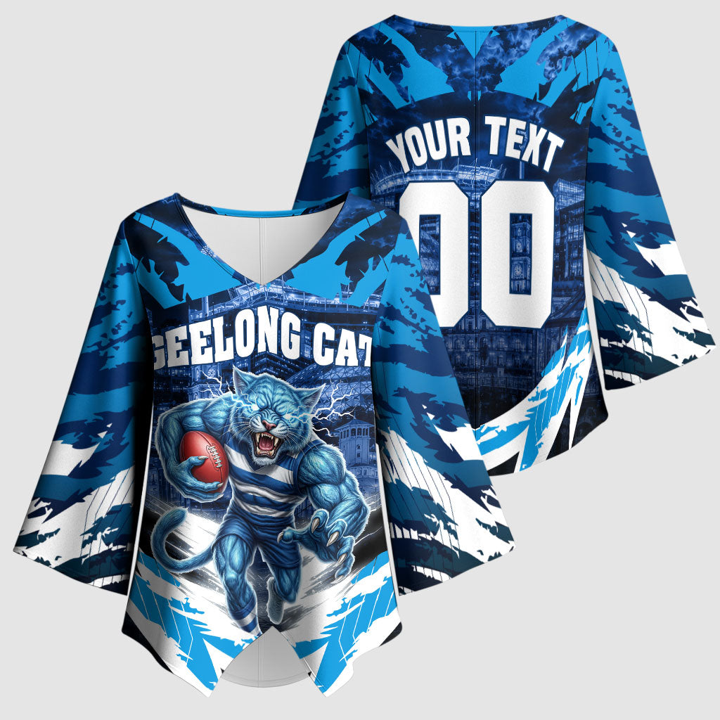 Personalised Geelong Cat Football Kimono Sleeve Blouse Electric Blue Mascot Charging Cityscape