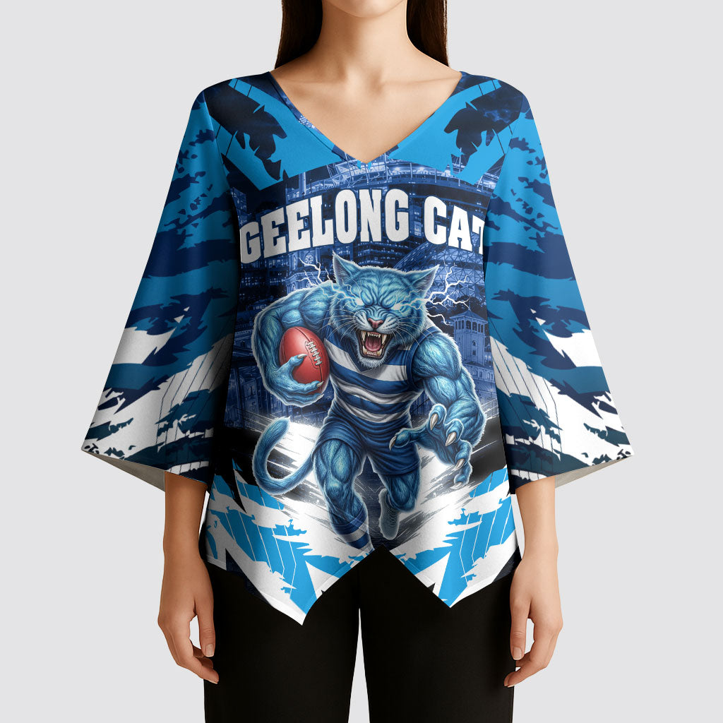 Personalised Geelong Cat Football Kimono Sleeve Blouse Electric Blue Mascot Charging Cityscape