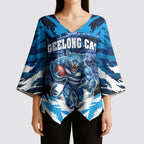 Personalised Geelong Cat Football Kimono Sleeve Blouse Electric Blue Mascot Charging Cityscape
