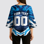 Personalised Geelong Cat Football Kimono Sleeve Blouse Electric Blue Mascot Charging Cityscape