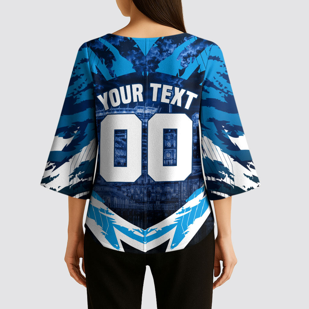 Personalised Geelong Cat Football Kimono Sleeve Blouse Electric Blue Mascot Charging Cityscape