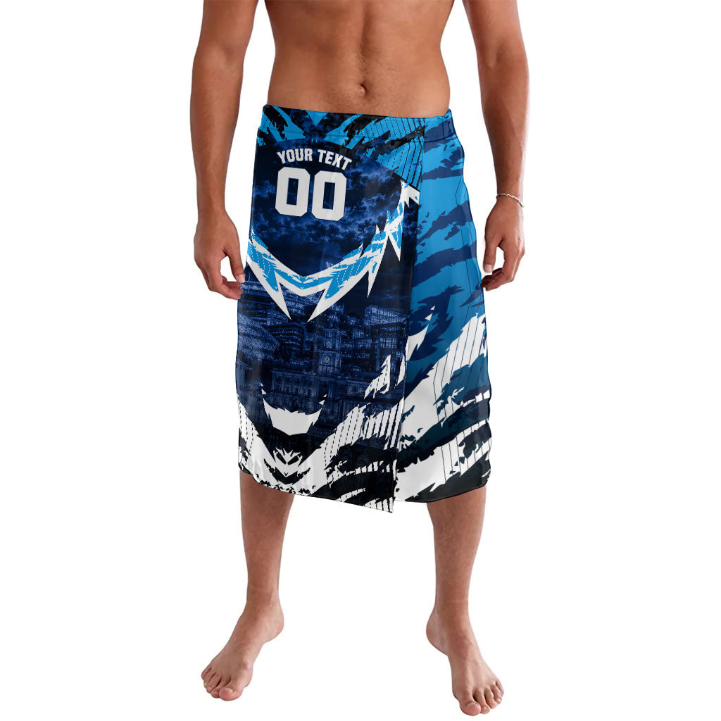 Personalised Geelong Cat Football Lavalava Electric Blue Mascot Charging Cityscape