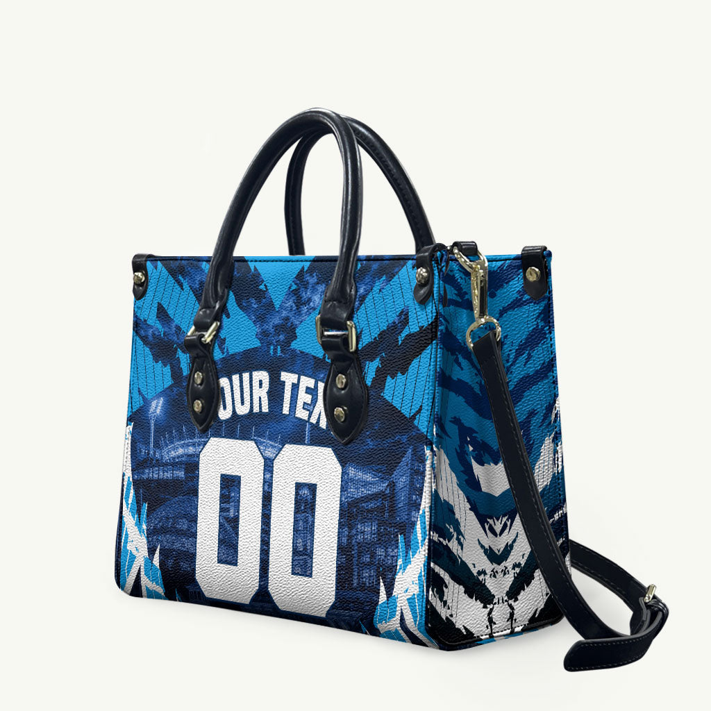 Personalised Geelong Cat Football Leather Bag Electric Blue Mascot Charging Cityscape