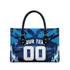Personalised Geelong Cat Football Leather Bag Electric Blue Mascot Charging Cityscape