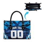 Personalised Geelong Cat Football Leather Bag Electric Blue Mascot Charging Cityscape
